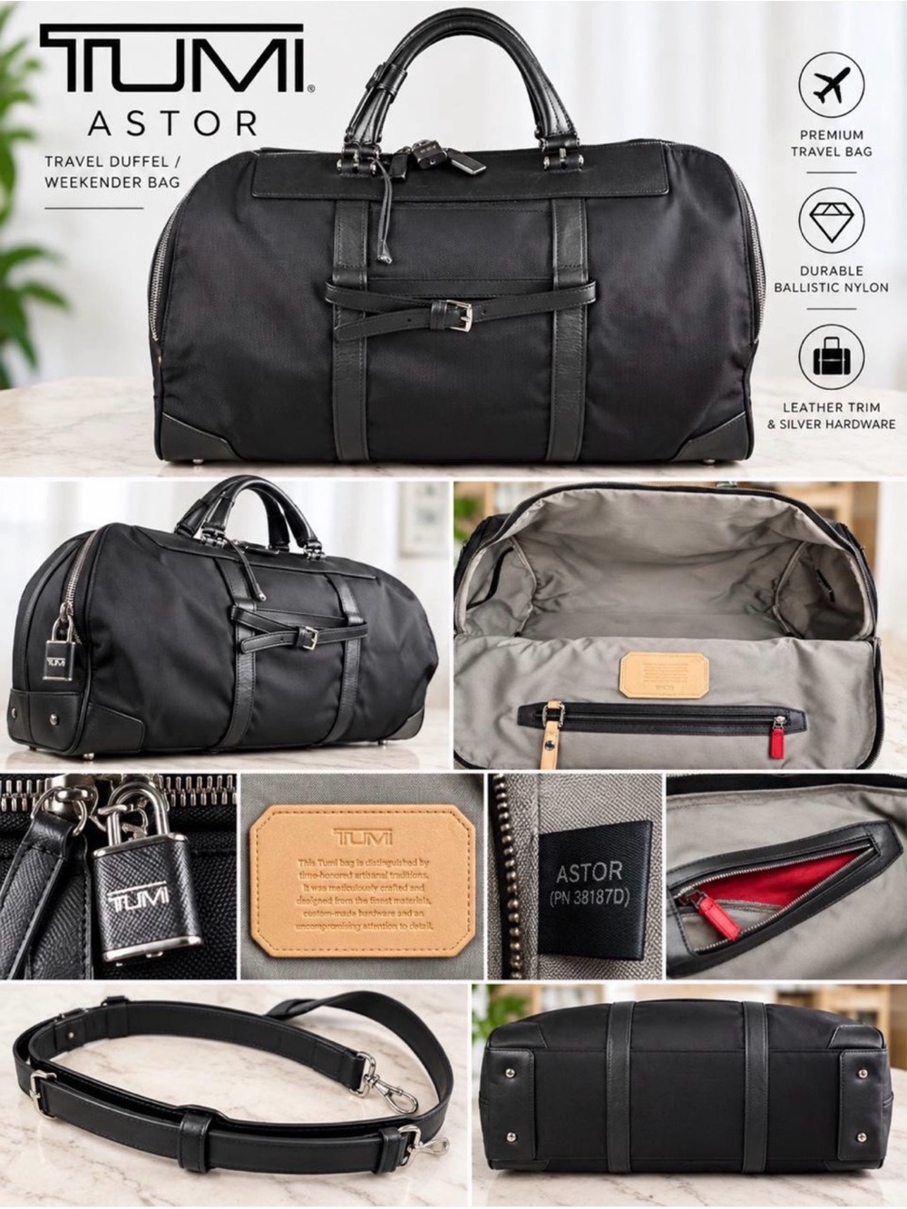 Tumi Astor San Remo Duffel Bag in Black Ballistic Nylon And Leather Trim